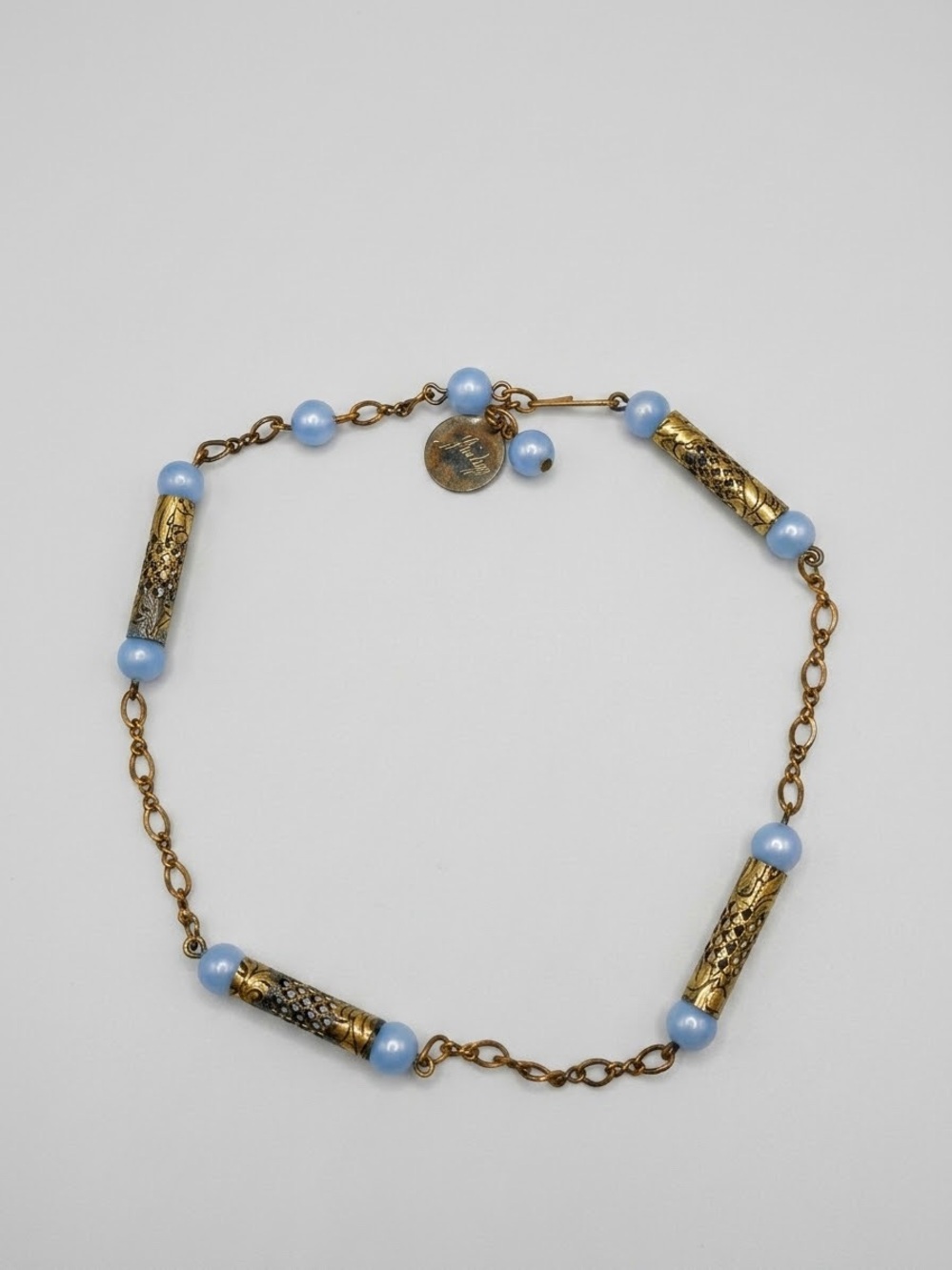Vintage Signed JODY Powder Blue Beaded Filigree Tube Necklace Boho 70s